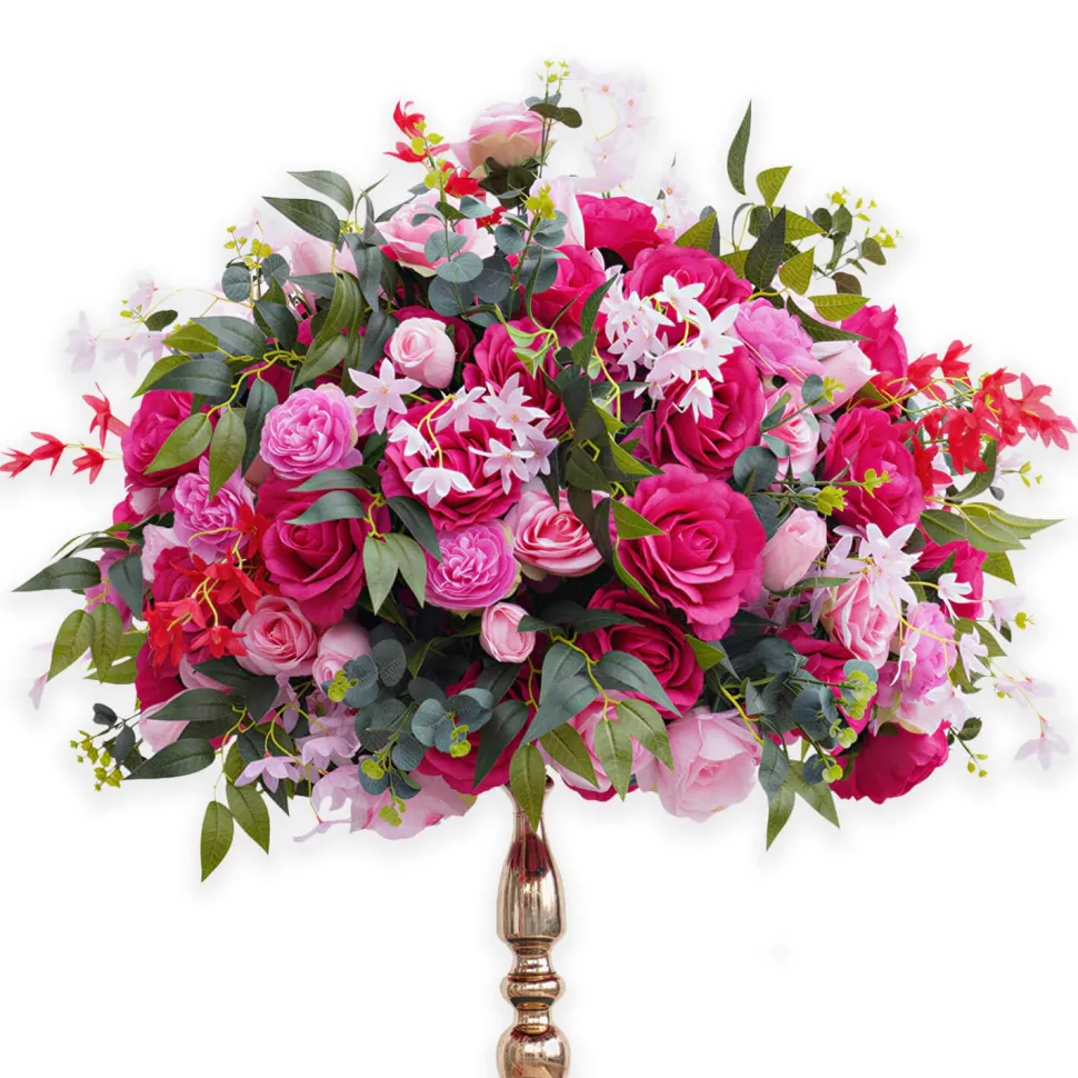LUXE Hot Pink Rose & Green Eucalyptus Leaves Mixed Floral Table Centerpiece - 24 Inches