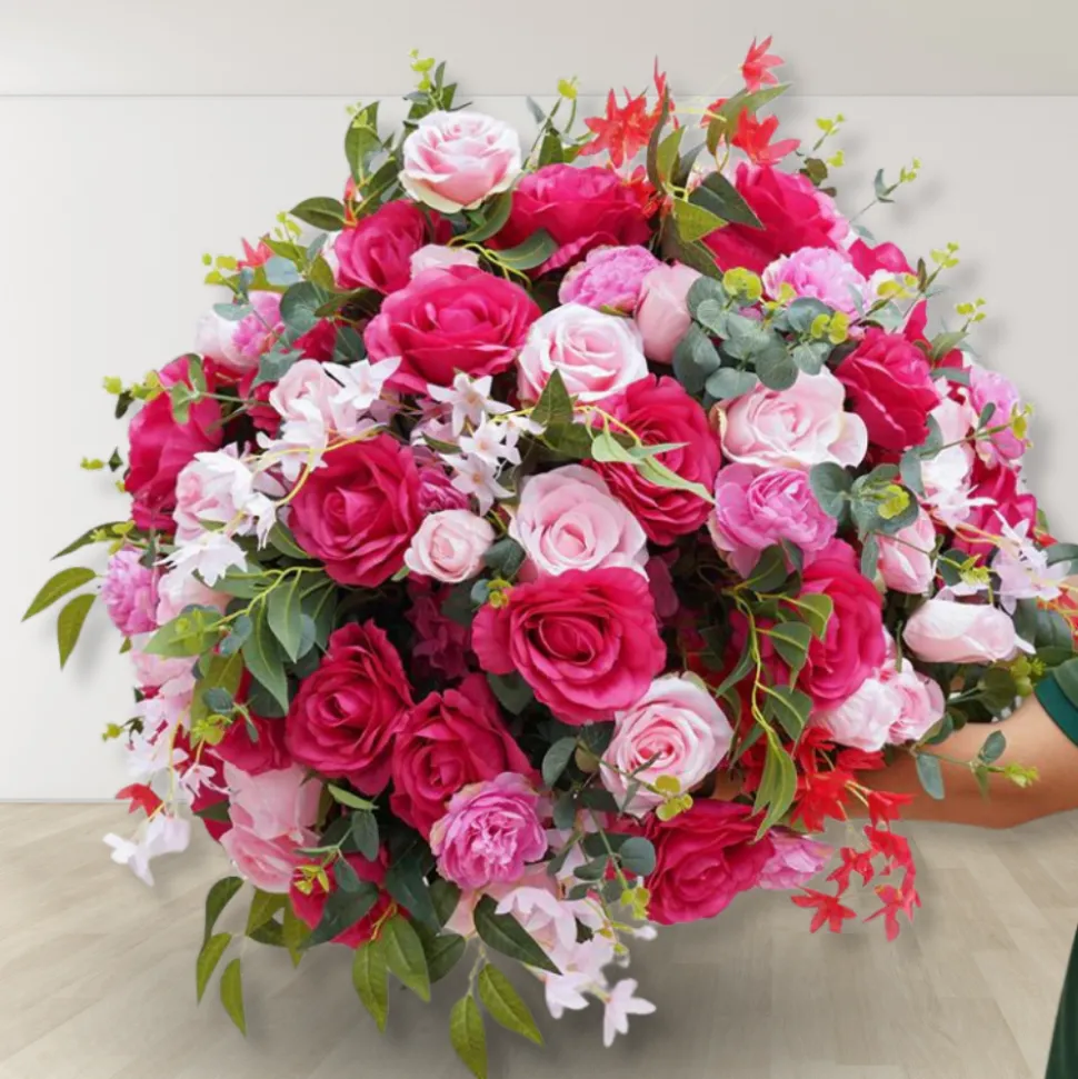 LUXE Hot Pink Rose & Green Eucalyptus Leaves Mixed Floral Table Centerpiece - 24 Inches