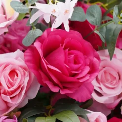 LUXE Hot Pink Rose & Green Eucalyptus Leaves Mixed Floral Table Centerpiece - 24 Inches