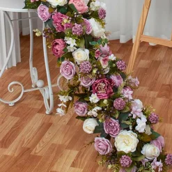 LUXE Purple Rose with Greenery Mixed Table Runner - 78 Inches