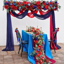 LUXE Red & Blue Rose & Greenery Mixed Table Runner - 82 Inches