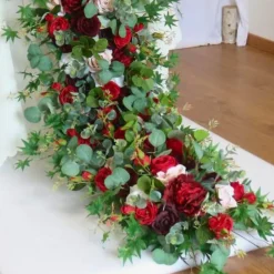 LUXE Red Rose & Eucalyptus Leaves Mixed Table Runner - 79 Inches