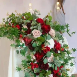 LUXE Red Rose & Eucalyptus Leaves Mixed Table Runner - 79 Inches