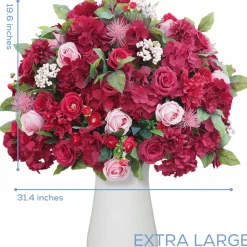 LUXE Red Rose, Hydrangea & Berry Flower Mixed Green Leaf Table Centerpiece - Choose Your Size!