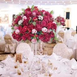 LUXE Red Rose, Hydrangea & Berry Flower Mixed Green Leaf Table Centerpiece - Choose Your Size!