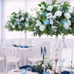 LUXE White & Blue Rose Green & Leaves Mixed Table Centerpiece - 32 Inches