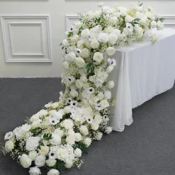 LUXE White Rose, Babysbreath & Poppy Mixed Table Runner - 87 Inches