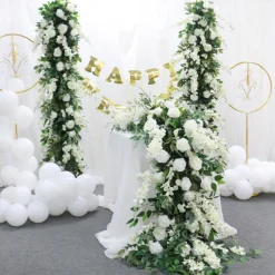 LUXE White Rose, Delphinium & Greenery Mixed Table Runner - 83 Inches