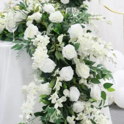 LUXE White Rose, Delphinium & Greenery Mixed Table Runner - 83 Inches