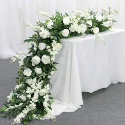LUXE White Rose, Delphinium & Greenery Mixed Table Runner - 83 Inches