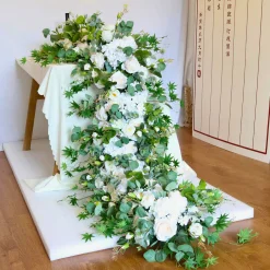 LUXE White Rose & Eucalyptus Leaves Mixed Table Runner - 79 Inches