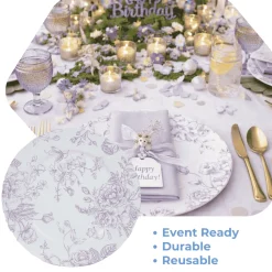 13" Matte Lavender and White Floral Print Round French Toile Charger Plates – 6 Pieces Reusable Acrylic Chargers