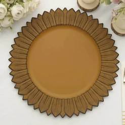 13" Matte Mustard Yellow Plastic Charger Plates with Sunflower Rim - 6 Pieces