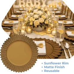 13" Matte Mustard Yellow Plastic Charger Plates with Sunflower Rim - 6 Pieces