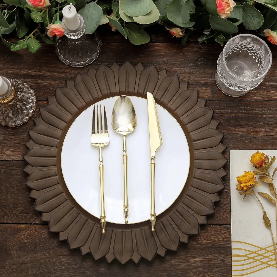13" Matte Natural Plastic Charger Plates with Sunflower Rim - 6 Pieces