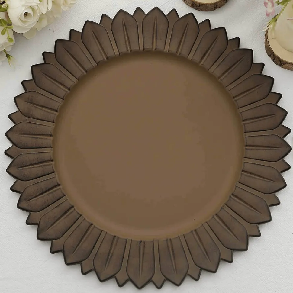 13" Matte Natural Plastic Charger Plates with Sunflower Rim - 6 Pieces
