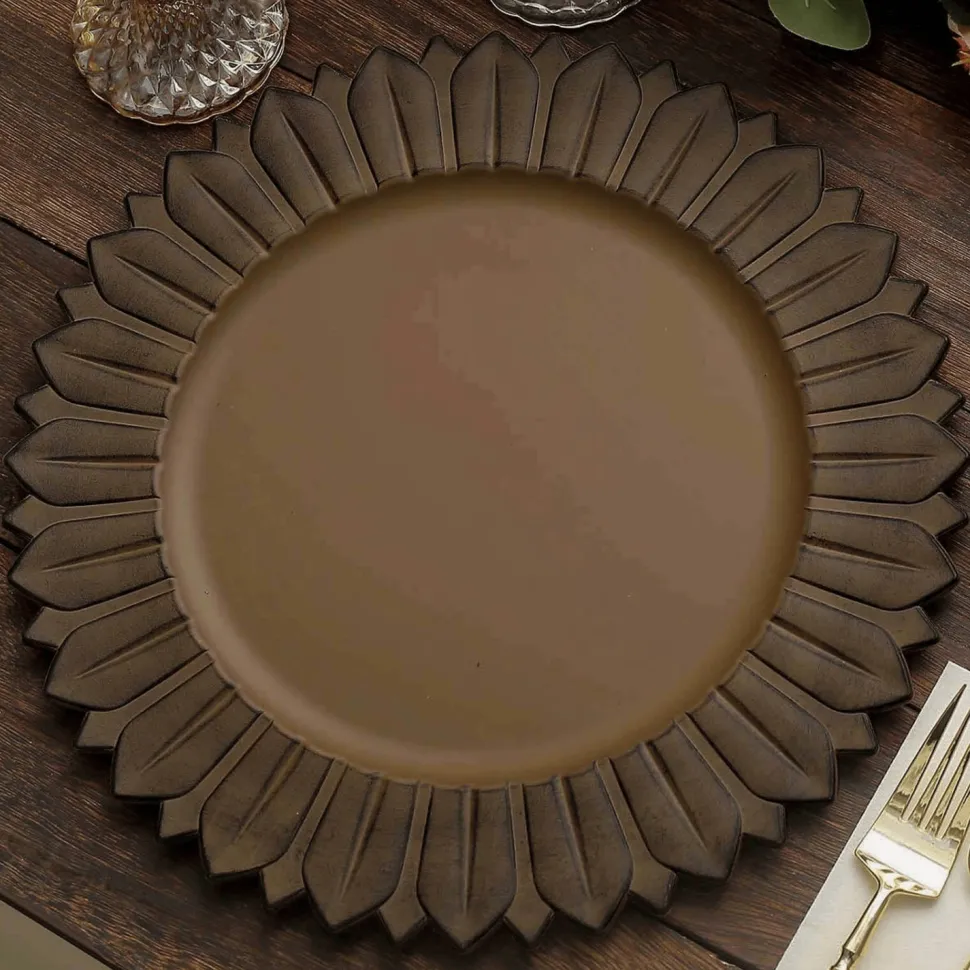 13" Matte Natural Plastic Charger Plates with Sunflower Rim - 6 Pieces