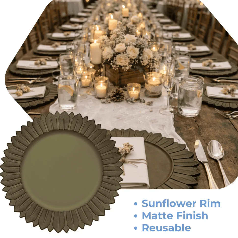13" Matte Olive Green Plastic Charger Plates with Sunflower Rim - 6 Pieces