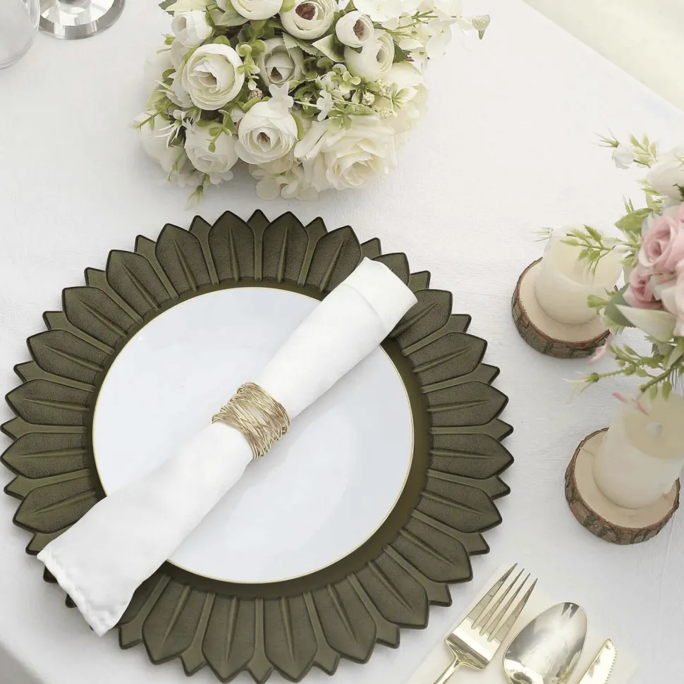 13" Matte Olive Green Plastic Charger Plates with Sunflower Rim - 6 Pieces