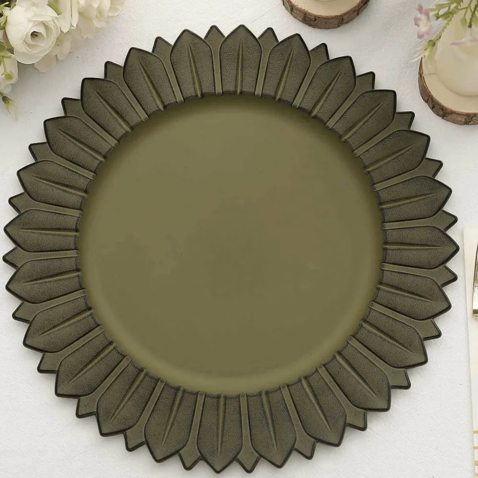 13" Matte Olive Green Plastic Charger Plates with Sunflower Rim - 6 Pieces