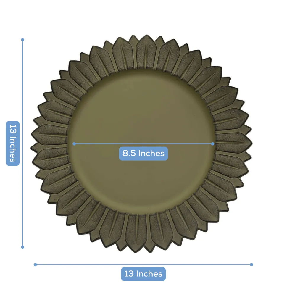 13" Matte Olive Green Plastic Charger Plates with Sunflower Rim - 6 Pieces