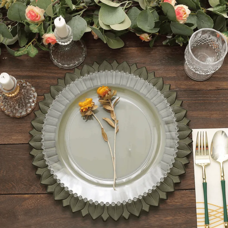 13" Matte Olive Green Plastic Charger Plates with Sunflower Rim - 6 Pieces