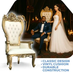 Monarch Throne Chair - Ivory Vinyl/Gold Frame