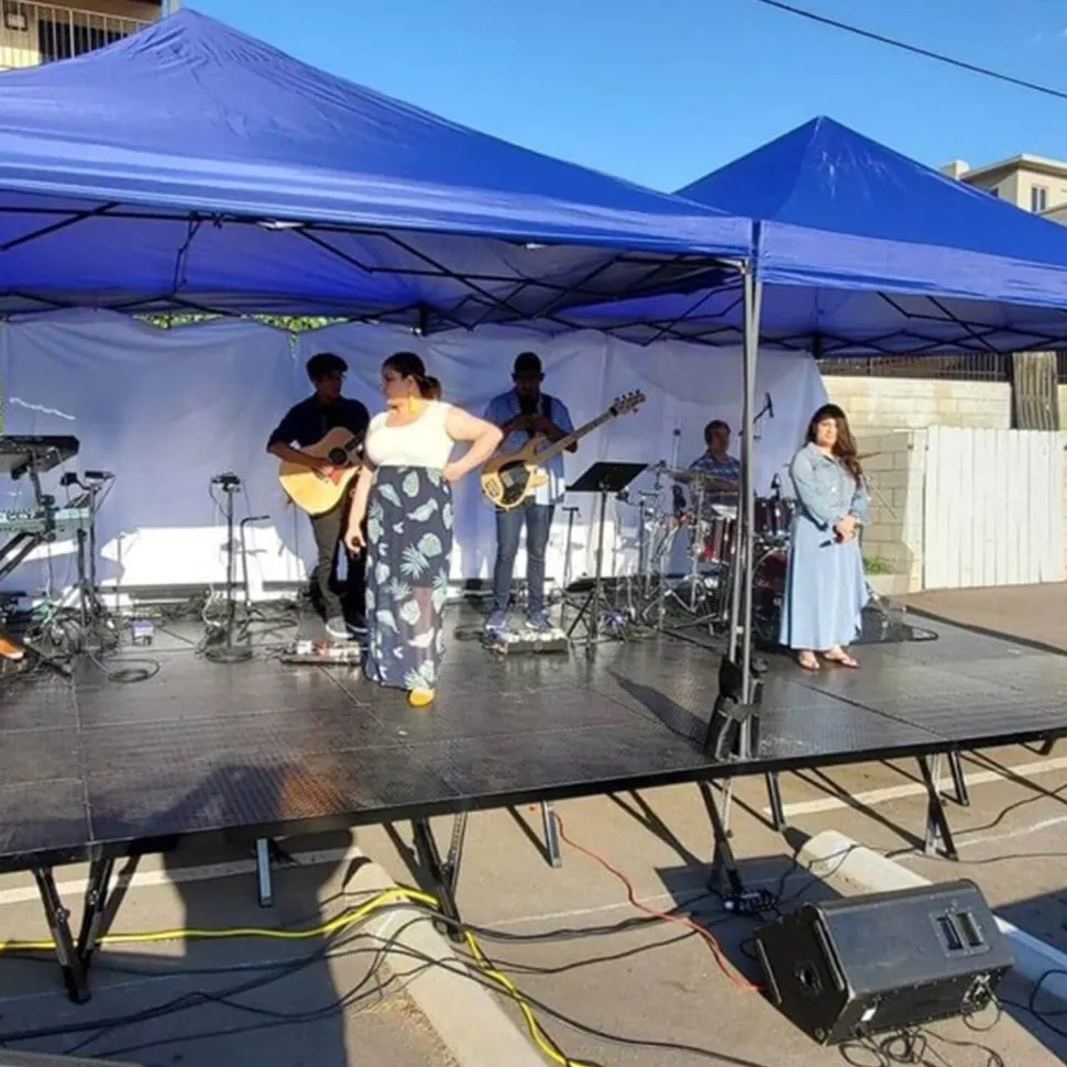 MyStage - 8’x8’ Portable Stage with Rails & Skirts - Adjustable Height (Set of 4)