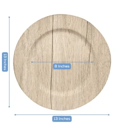 13" Natural Round Faux Wood Finish Charger Plates – 6 Pieces Reusable Plastic Chargers with Wide Rims
