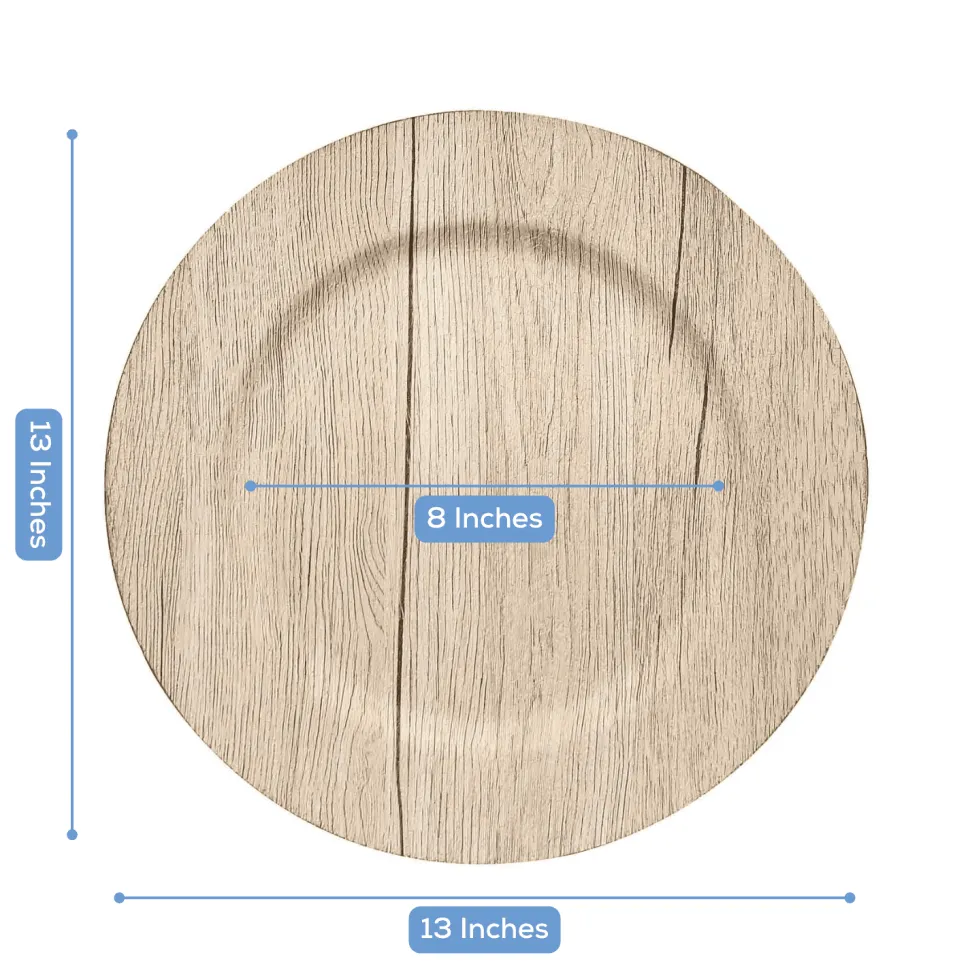 13" Natural Round Faux Wood Finish Charger Plates – 6 Pieces Reusable Plastic Chargers with Wide Rims