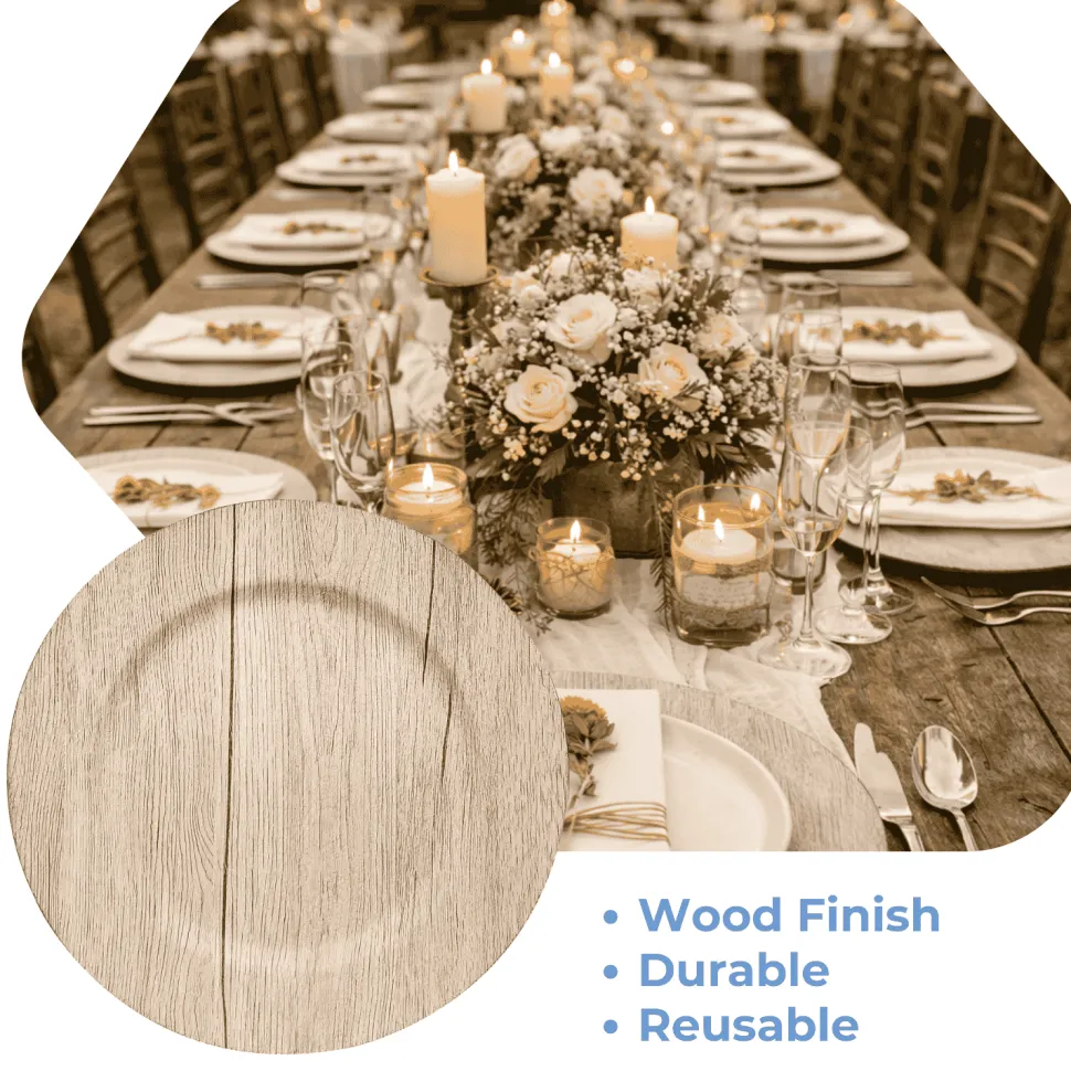 13" Natural Round Faux Wood Finish Charger Plates – 6 Pieces Reusable Plastic Chargers with Wide Rims