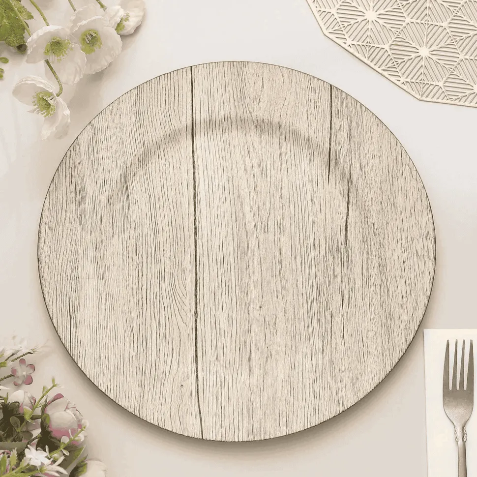 13" Natural Round Faux Wood Finish Charger Plates – 6 Pieces Reusable Plastic Chargers with Wide Rims