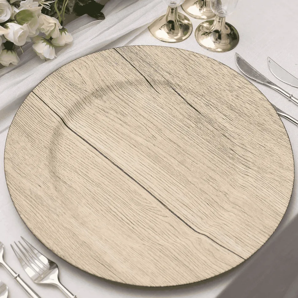 13" Natural Round Faux Wood Finish Charger Plates – 6 Pieces Reusable Plastic Chargers with Wide Rims
