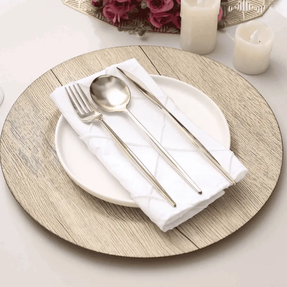 13" Natural Round Faux Wood Finish Charger Plates – 6 Pieces Reusable Plastic Chargers with Wide Rims