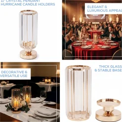 2-Pack Crystal Pendant Hurricane Candle Holders with Glass Shade - 11inches H x 4inches W (Gold Finish)