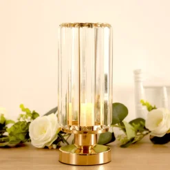 2-Pack Crystal Pendant Hurricane Candle Holders with Glass Shade - 11inches H x 4inches W (Gold Finish)