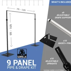 9-Panel Black Anodized Pipe and Drape Kit / Backdrop - 9-16 Feet Tall (Adjustable)