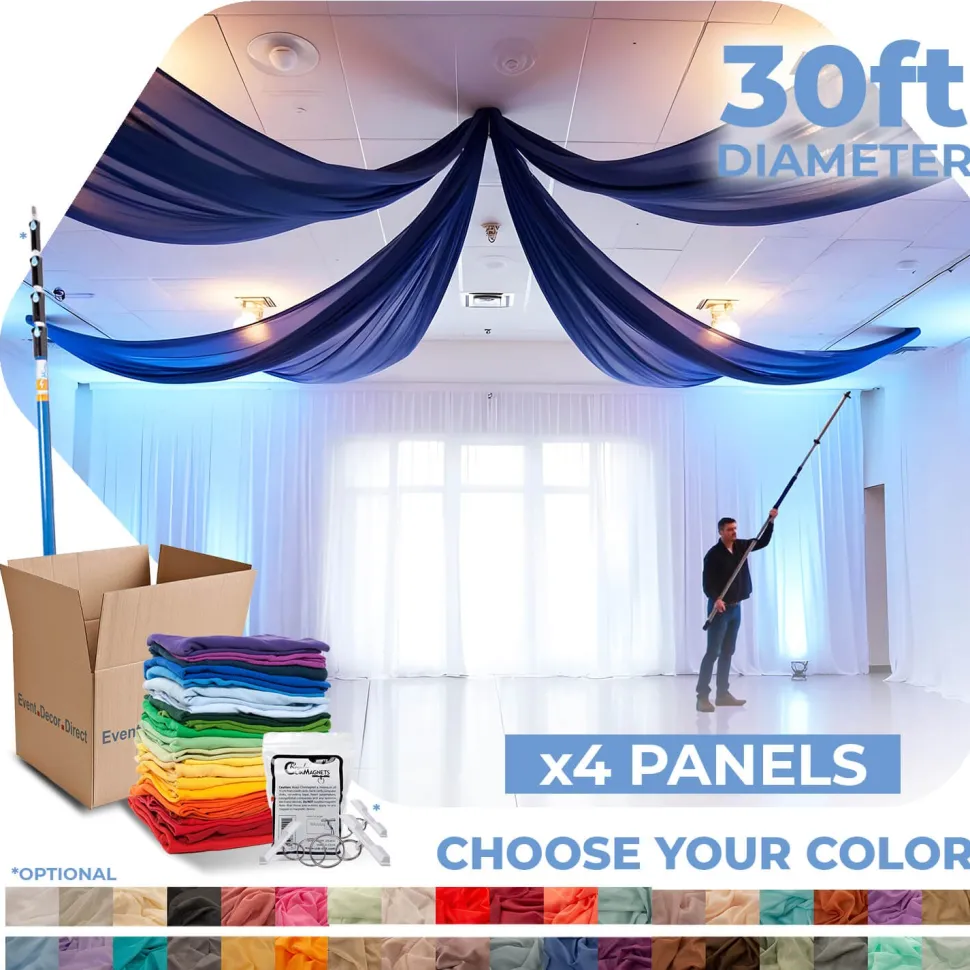 4 Panel Kit - Prefabricated Complete Ceiling Drape Kit - 30ft Diameter - Select Drop, Fabric & Color!