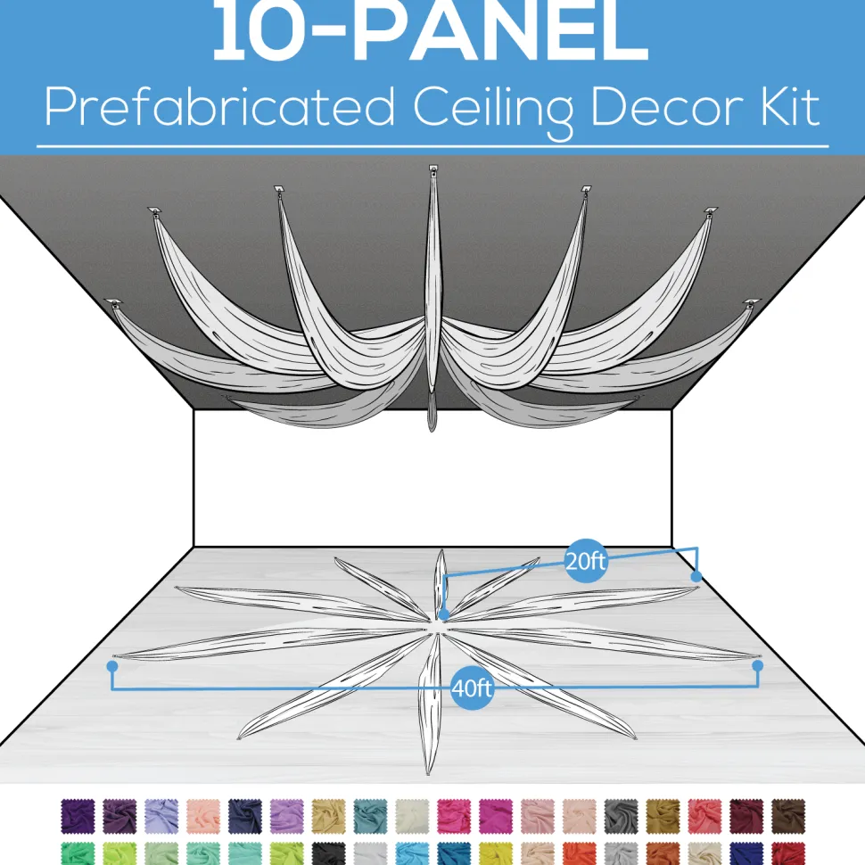 10 Panel Kit - Prefabricated Complete Ceiling Drape Kit - 40ft Diameter - Select Drop, Fabric & Color!
