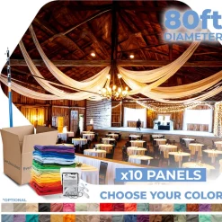 10 Panel Kit - Prefabricated Complete Ceiling Drape Kit - 80ft Diameter - Select Drop, Fabric & Color!