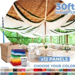 12 Panel Kit - Prefabricated Complete Ceiling Drape Kit - 30ft Diameter - Select Drop, Fabric & Color!