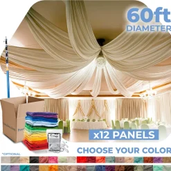 12 Panel Kit - Prefabricated Complete Ceiling Drape Kit - 60ft Diameter - Select Drop, Fabric & Color!
