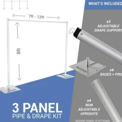 3-Panel Pipe and Drape Kit / Backdrop - 8ft Tall (Non-Adjustable - 1.5" Break Apart Uprights)
