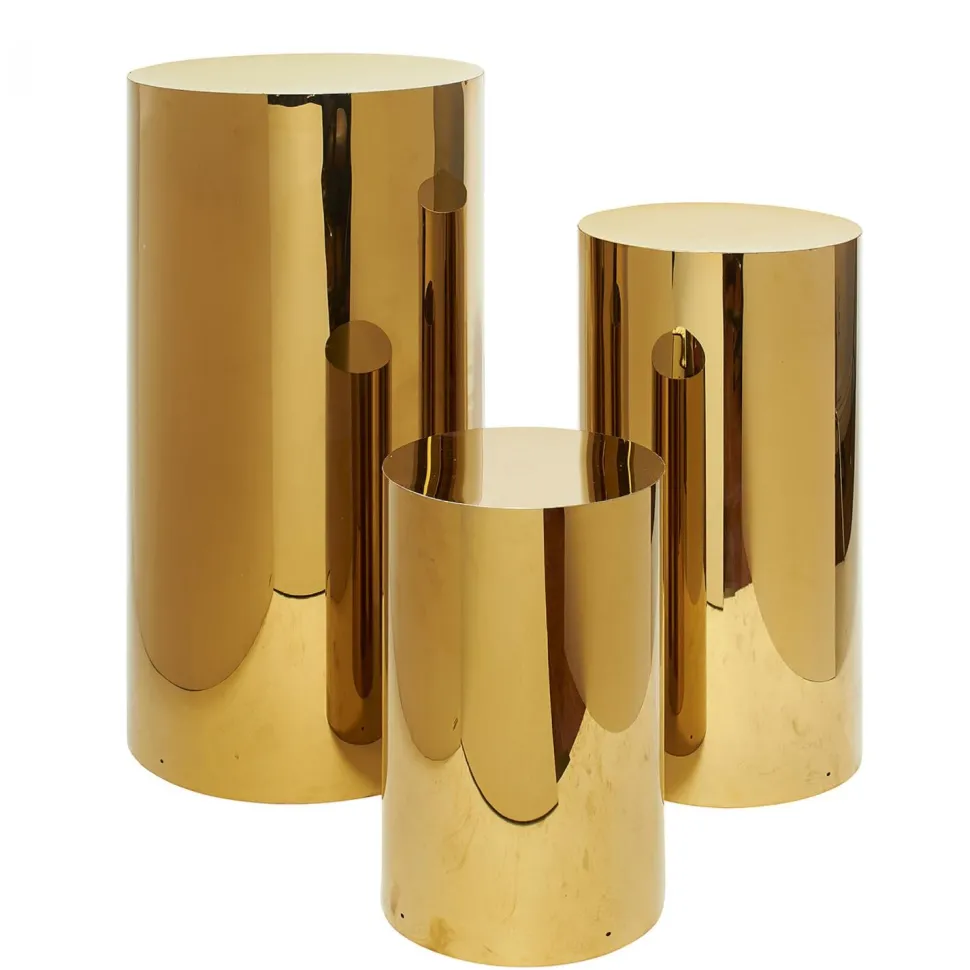3 Piece Set of Metal Cylinder Pedestals Display - Gold