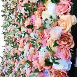 Pink & White Mixed Florals w/ Greenery - Curtain Style Floral Wall - Easy Install! Select Size
