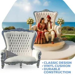 Queen Bride and Groom Throne Loveseat - White & Silver