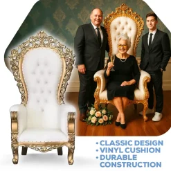 Queenship Throne Chair - Ivory Vinyl/Gold Frame
