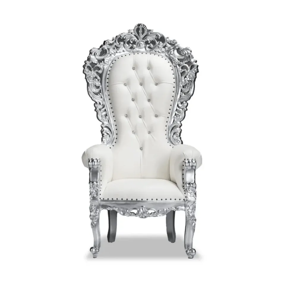 Queenship Throne Chair - White Vinyl/Silver Frame