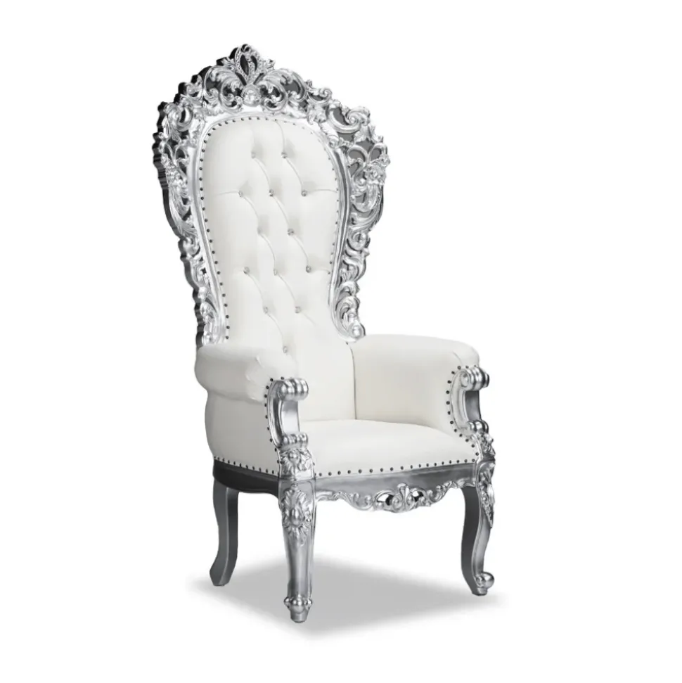 Queenship Throne Chair - White Vinyl/Silver Frame