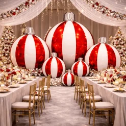 Red Giant Inflatable Striped Ornament Sphere – Maxorb™ Reflective Holiday Ceiling Decor – Commercial Installation Sizes